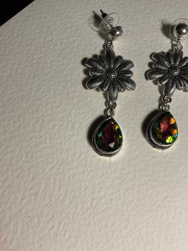 Mystic Topaz Dangle Earrings – 925 Silver Plated – Iridescent Sparkle