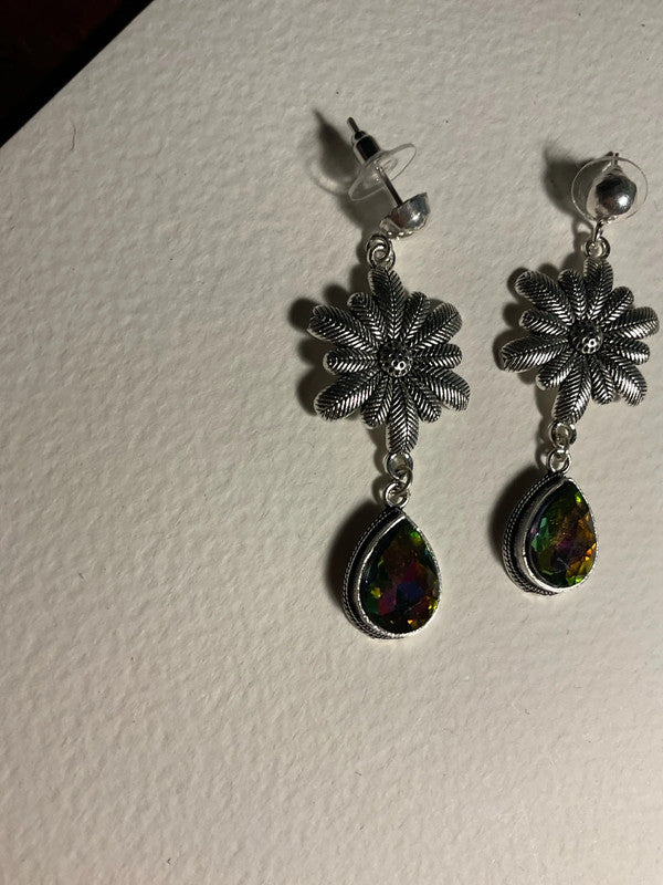 Mystic Topaz Dangle Earrings – 925 Silver Plated – Iridescent Sparkle