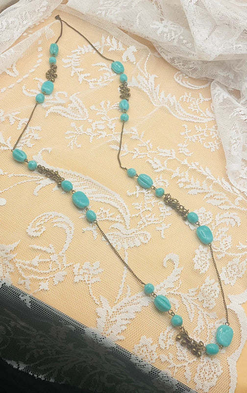 Vintage-Inspired Long Turquoise Beaded Necklace – Bohemian Layered Style
