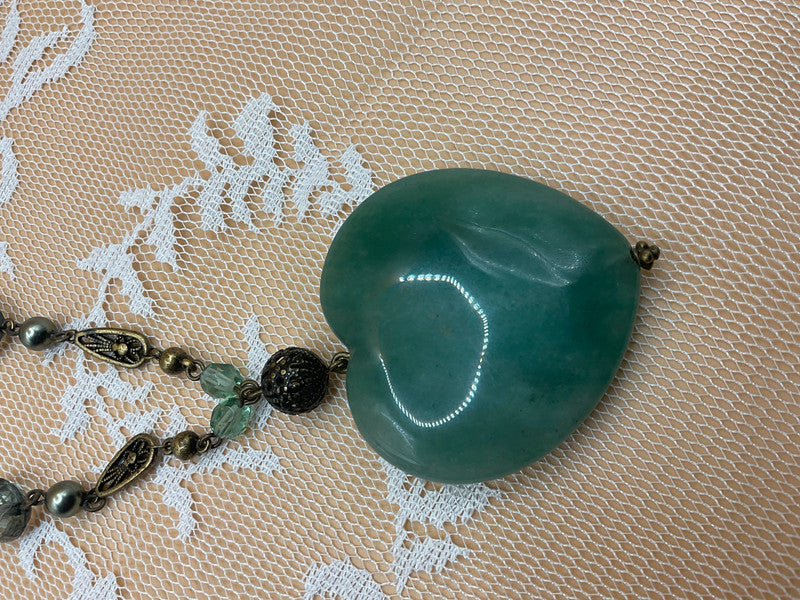 Vintage NEXT Green Heart Pendant Necklace – Boho Layered Bead Design