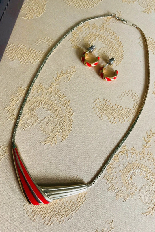 Vintage AVON Red & Gold Geometric Statement Necklace & Earrings Set – Bold Retro Style