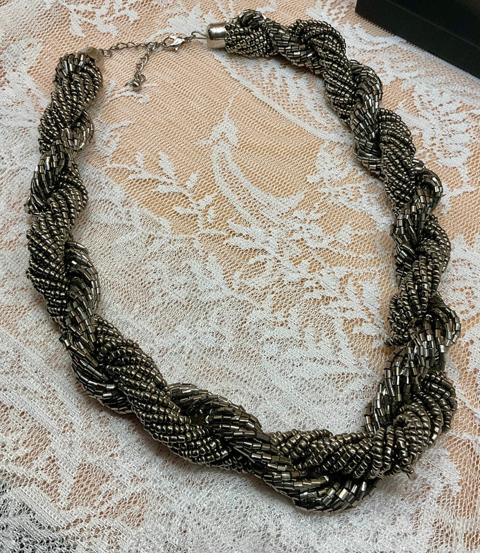 Chunky Braided Necklace – Silver & Grey Textured Statement Piece