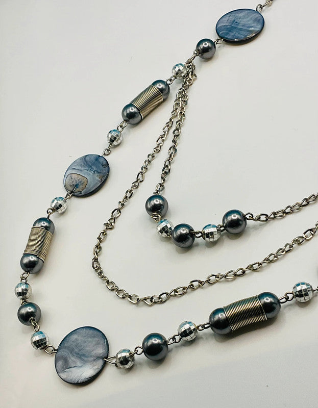 Sophisticated Layered Statement Necklace – Dusky Blue & Silver Accents