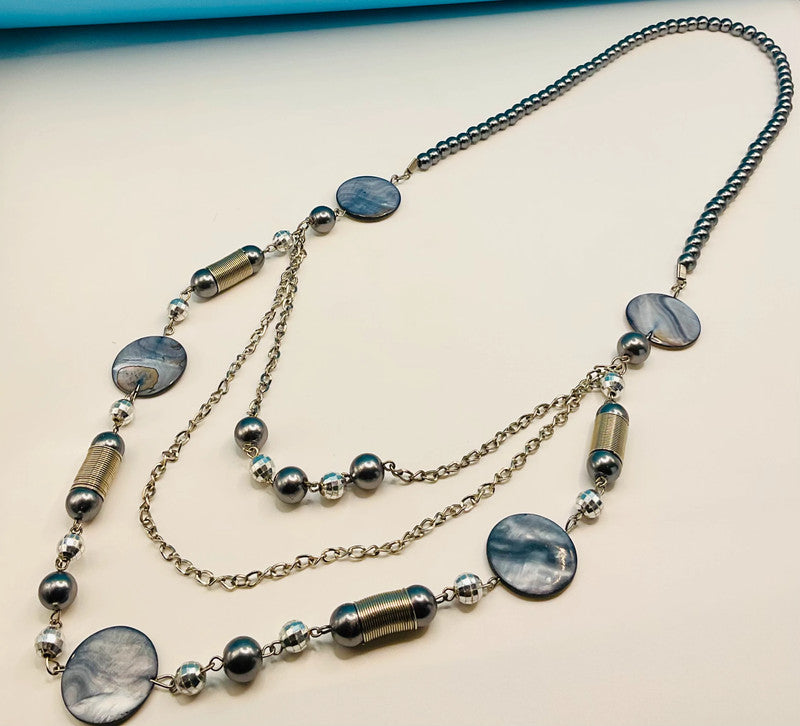 Sophisticated Layered Statement Necklace – Dusky Blue & Silver Accents
