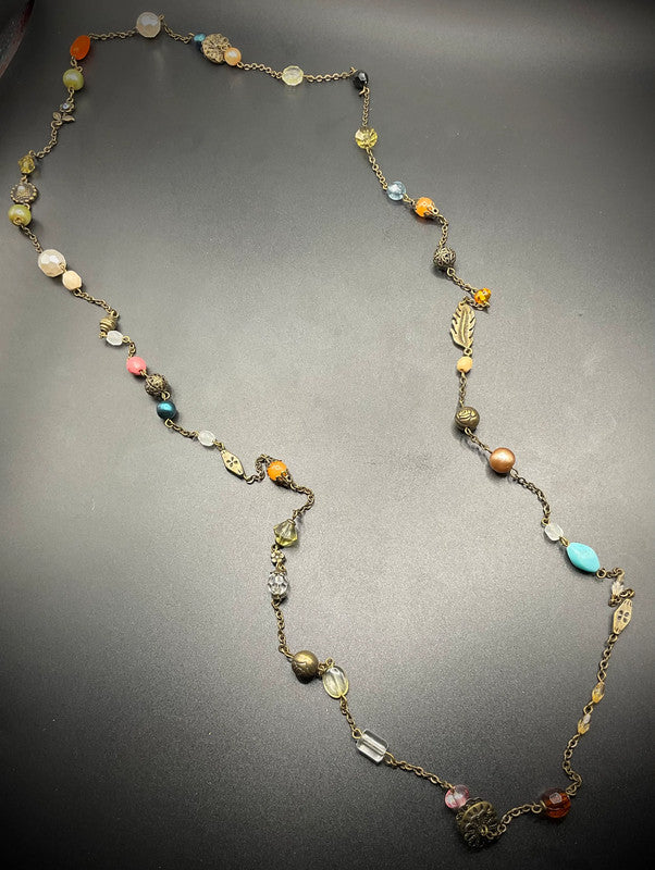 Vintage Long Multi Beaded Necklace – Elegant Orange & Blue Classic Design