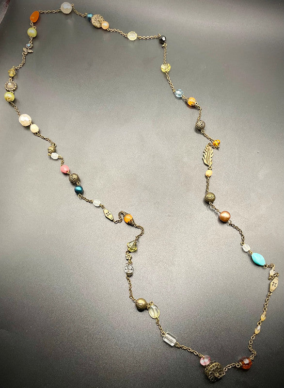 Vintage Long Multi Beaded Necklace – Elegant Orange & Blue Classic Design