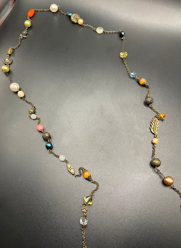 Vintage Long Multi Beaded Necklace – Elegant Orange & Blue Classic Design