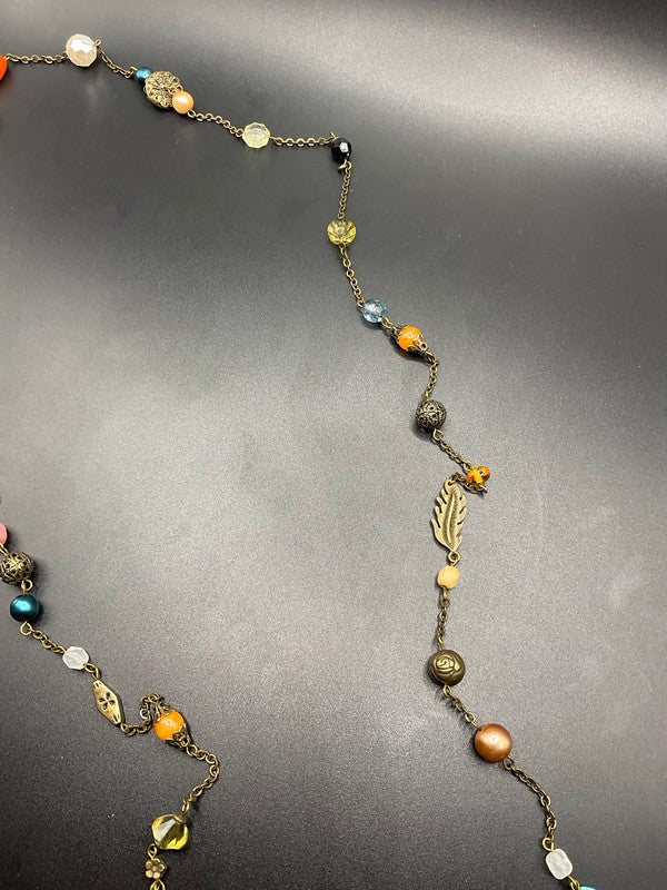 Vintage Long Multi Beaded Necklace – Elegant Orange & Blue Classic Design