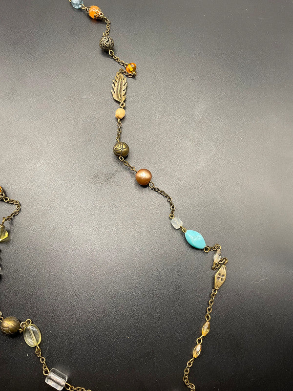 Vintage Long Multi Beaded Necklace – Elegant Orange & Blue Classic Design