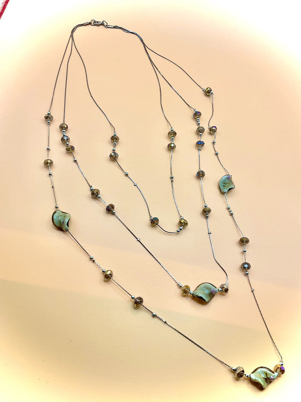 Boho Chic 3-Layer Long Necklace with Glazed Focal Beads – Hand-Painted Artisan Style
