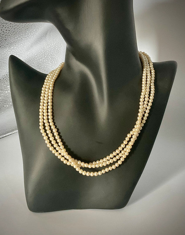 Vintage Faux Pearl Necklace – Triple Strand with Ornate Clasp – Timeless Elegance