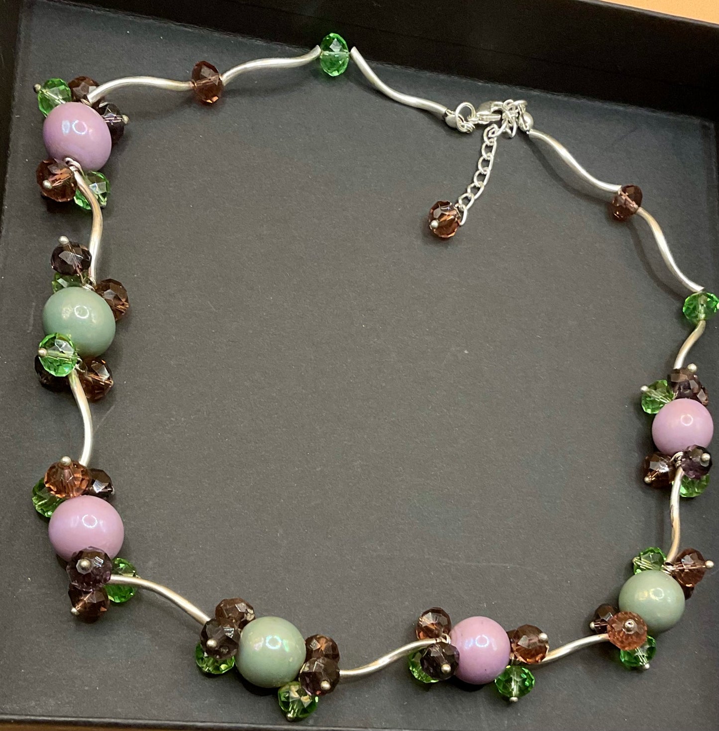 Vibrant Beaded Necklace – Purple, Green & Silver-Tone Accents