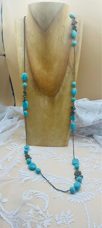 Vintage-Inspired Long Turquoise Beaded Necklace – Bohemian Layered Style