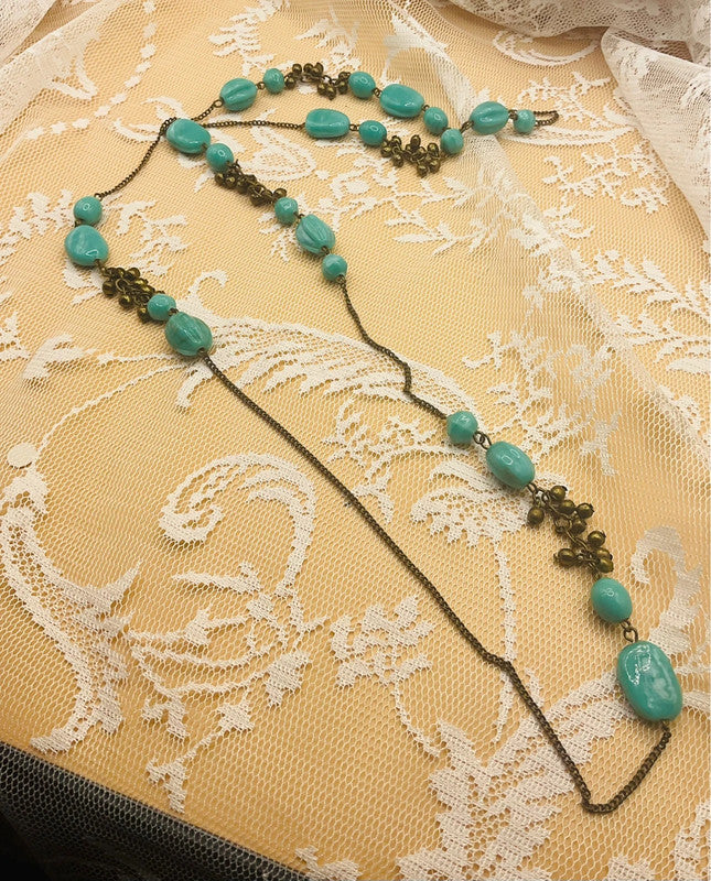 Vintage-Inspired Long Turquoise Beaded Necklace – Bohemian Layered Style