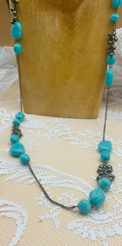 Vintage-Inspired Long Turquoise Beaded Necklace – Bohemian Layered Style