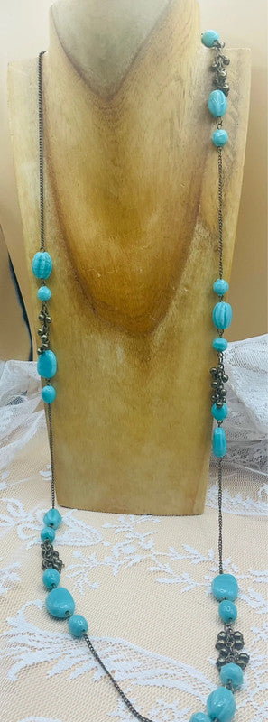 Vintage-Inspired Long Turquoise Beaded Necklace – Bohemian Layered Style