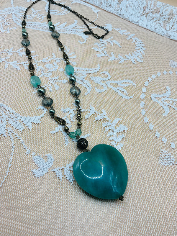 Vintage NEXT Green Heart Pendant Necklace – Boho Layered Bead Design