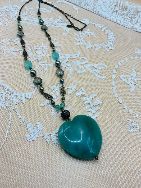 Vintage NEXT Green Heart Pendant Necklace – Boho Layered Bead Design