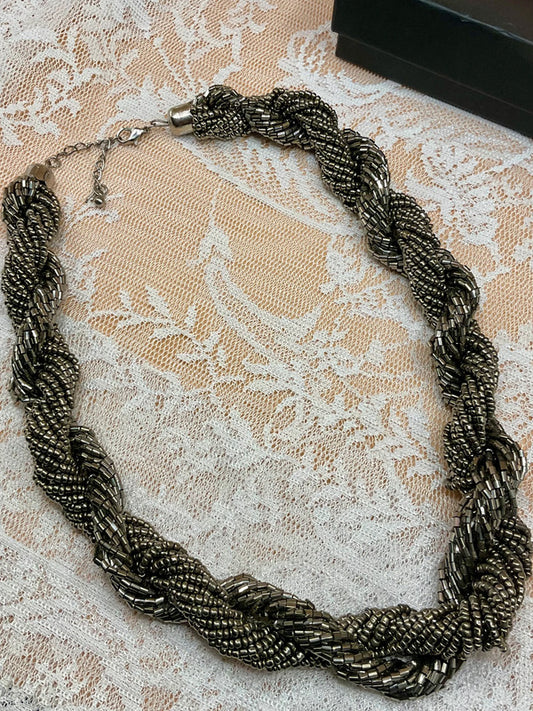Chunky Braided Necklace – Silver & Grey Textured Statement Piece