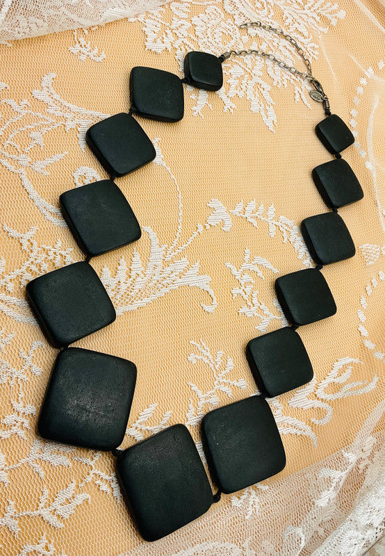 NEXT Signed Statement Necklace – Chunky Black Wooden Beads – Boho & Elegant