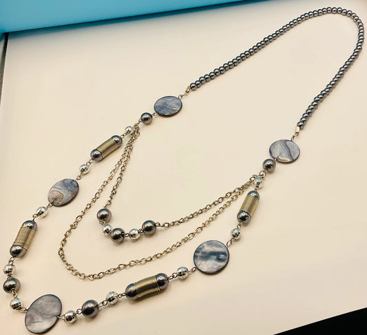 Sophisticated Layered Statement Necklace – Dusky Blue & Silver Accents