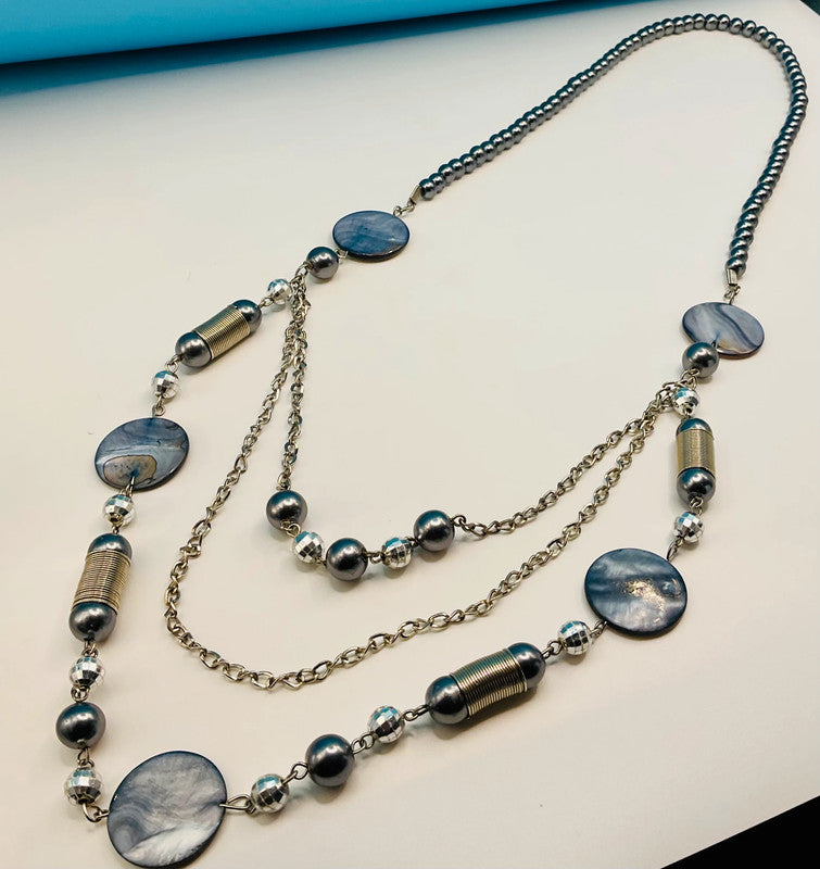 Sophisticated Layered Statement Necklace – Dusky Blue & Silver Accents