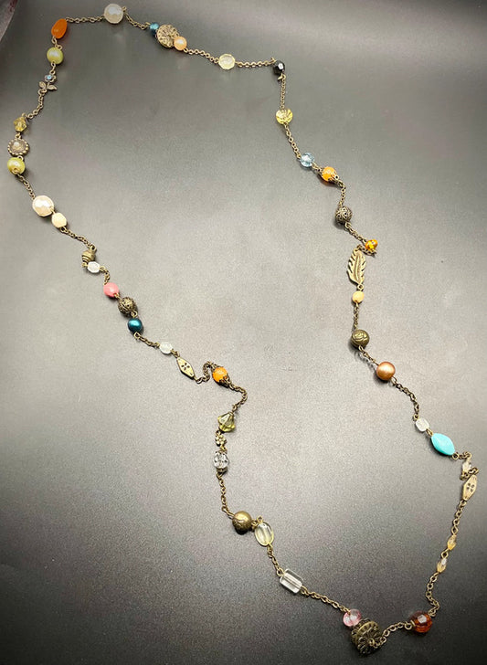 Vintage Long Multi Beaded Necklace – Elegant Orange & Blue Classic Design
