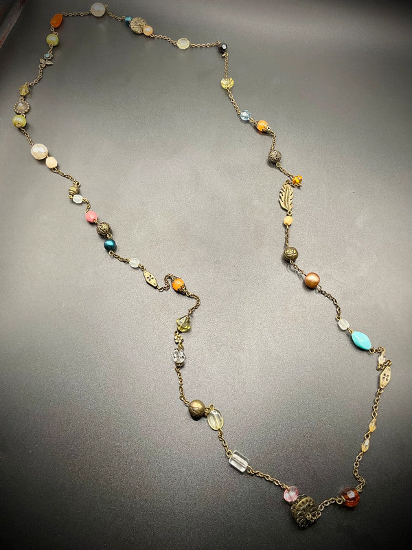 Vintage Long Multi Beaded Necklace – Elegant Orange & Blue Classic Design