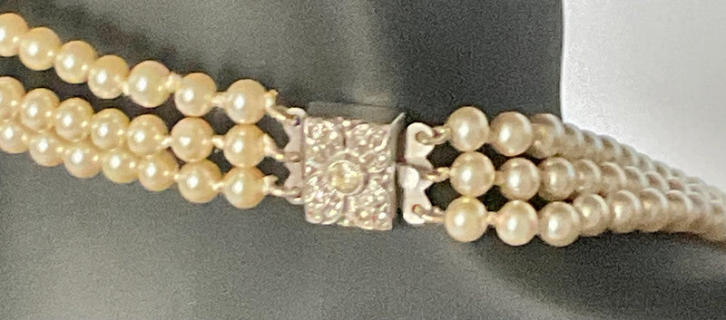 Vintage Faux Pearl Necklace – Triple Strand with Ornate Clasp – Timeless Elegance