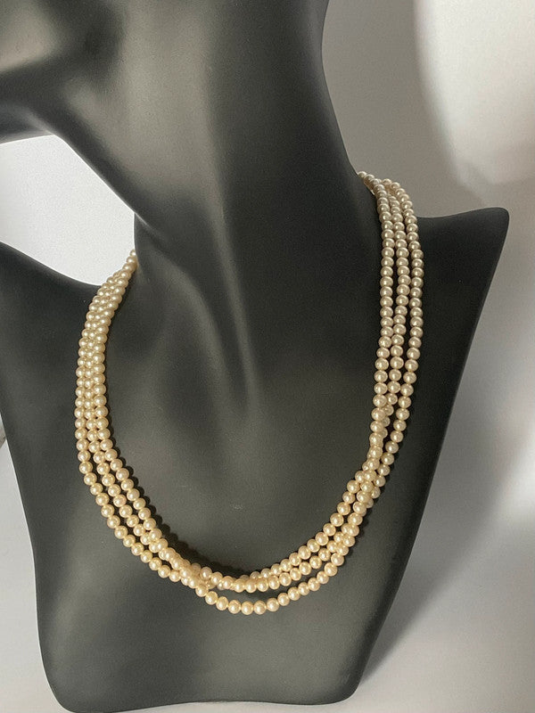 Vintage Faux Pearl Necklace – Triple Strand with Ornate Clasp – Timeless Elegance