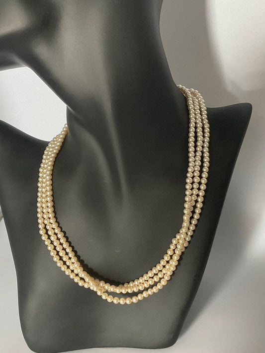 Vintage Faux Pearl Necklace – Triple Strand with Ornate Clasp – Timeless Elegance