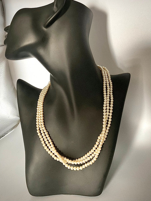 Vintage Faux Pearl Necklace – Triple Strand with Ornate Clasp – Timeless Elegance