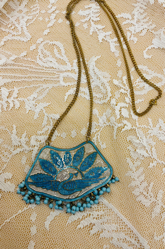 Vintage Peacock Enamel Pendant Necklace – Boho Indian-Inspired Design
