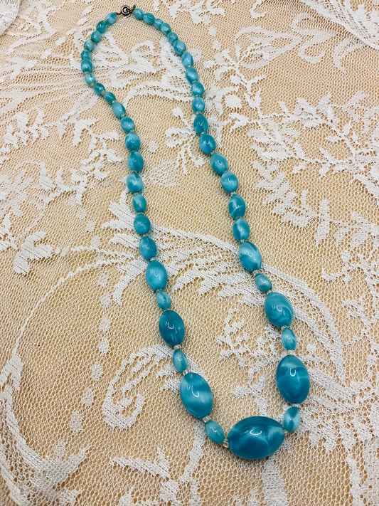 Vintage Turquoise Iridescent Glass Bead Necklace – 1950s Style