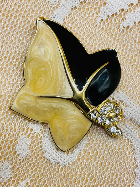 Vintage Trifari Leaf Brooch – Black & White Enamel with Diamanté Accents