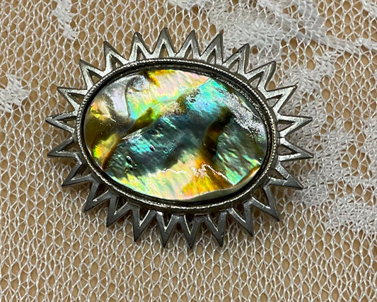 Vintage Exquisite Abalone Brooch – Silver-Tone Sunburst Design