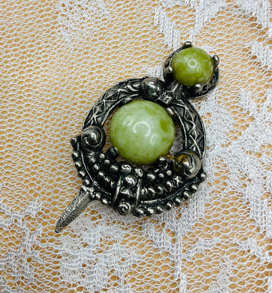 Vintage Celtic-Inspired Brooch with Moss Agate Stones – Intricate Metalwork