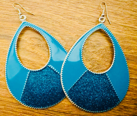 Avalaya Teal Enamel Glitter Hoop Earrings – Silver-Plated Statement Drops