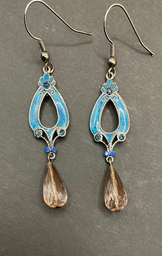 Vintage Art Deco-Inspired Earrings – Blue Enamel & Crystal Drop