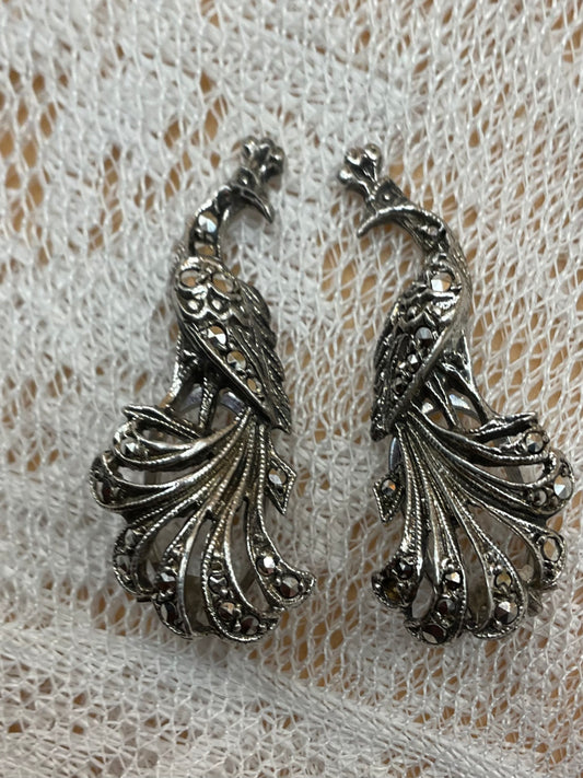 Vintage Peacock Clip-On Earrings – Sparkling Marcasite Detail