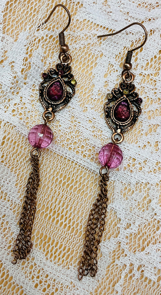 Vintage-Inspired Pink Stone Earrings with Tassel Chain Drops