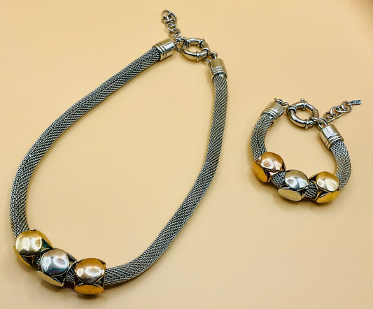 B&P Mesh Chain Jewelry Set – Silver, Gold & Copper Beaded Statement