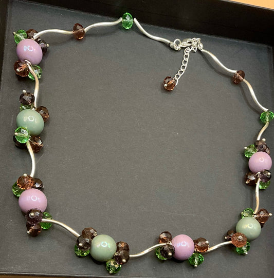 Vibrant Beaded Necklace – Purple, Green & Silver-Tone Accents