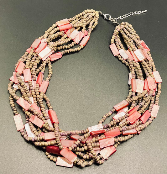 Boho Shell & Wooden Bead Necklace – Pink & Brown Multi-Strand Design