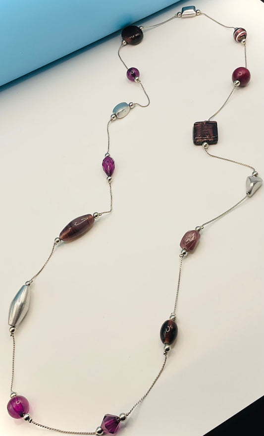 Boho Long Purple & Silver Beaded Necklace – Versatile Statement Jewelry