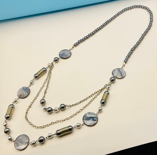 Dusky Blue Pearl-Effect & Silver Disc Necklace – Elegant Statement Piece