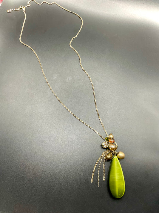 Long Green Stone Pendant Necklace – Tassel Accent & Beaded Chain